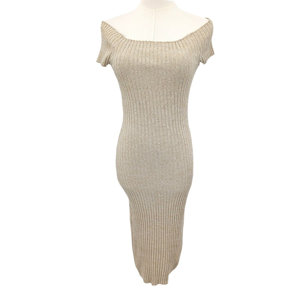 A'Gaci Gold Shimmer Ribbed‎ Off Shoulder Sweater Dress Bodycon Women's M